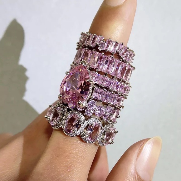 Oval Cut Halo Diamond Pink Clear Wedding Eternity Band - Picture 15 of 16